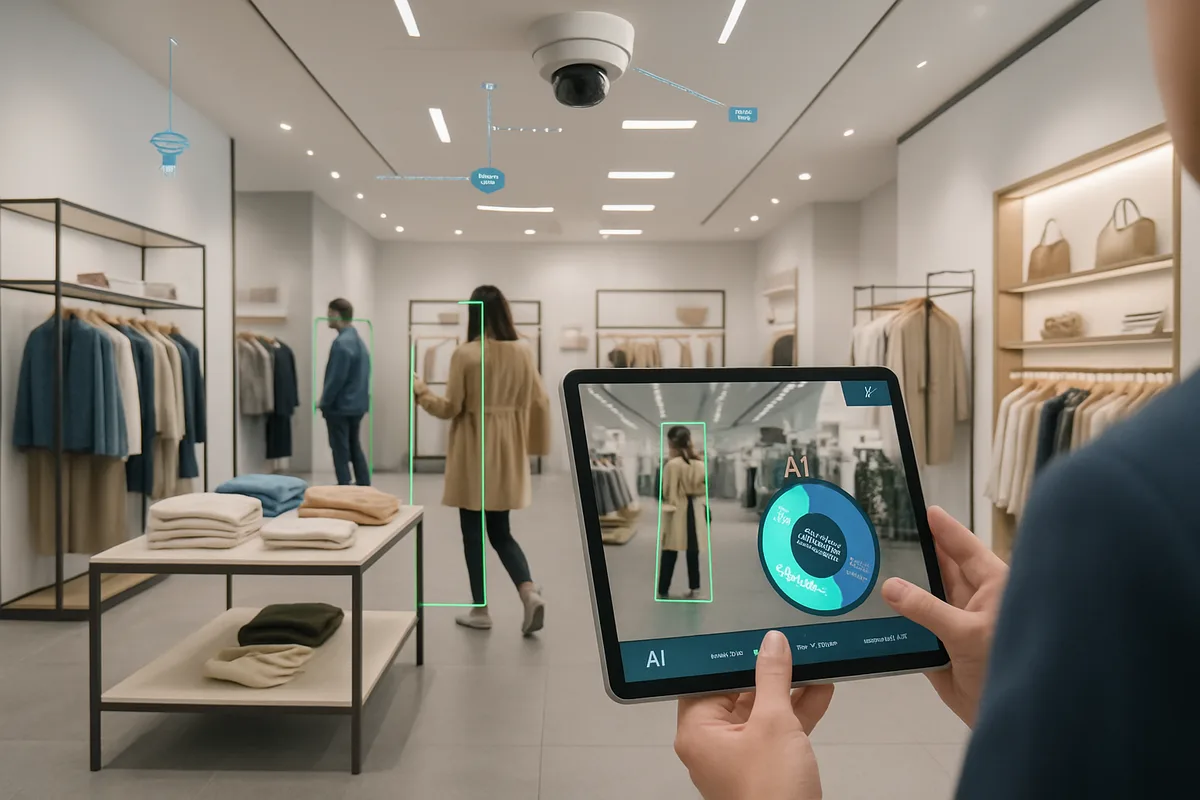 Modern retail store with AI-powered customer behavior analysis system showing real-time tracking and analytics on a tablet display, with security cameras and customers browsing clothing racks