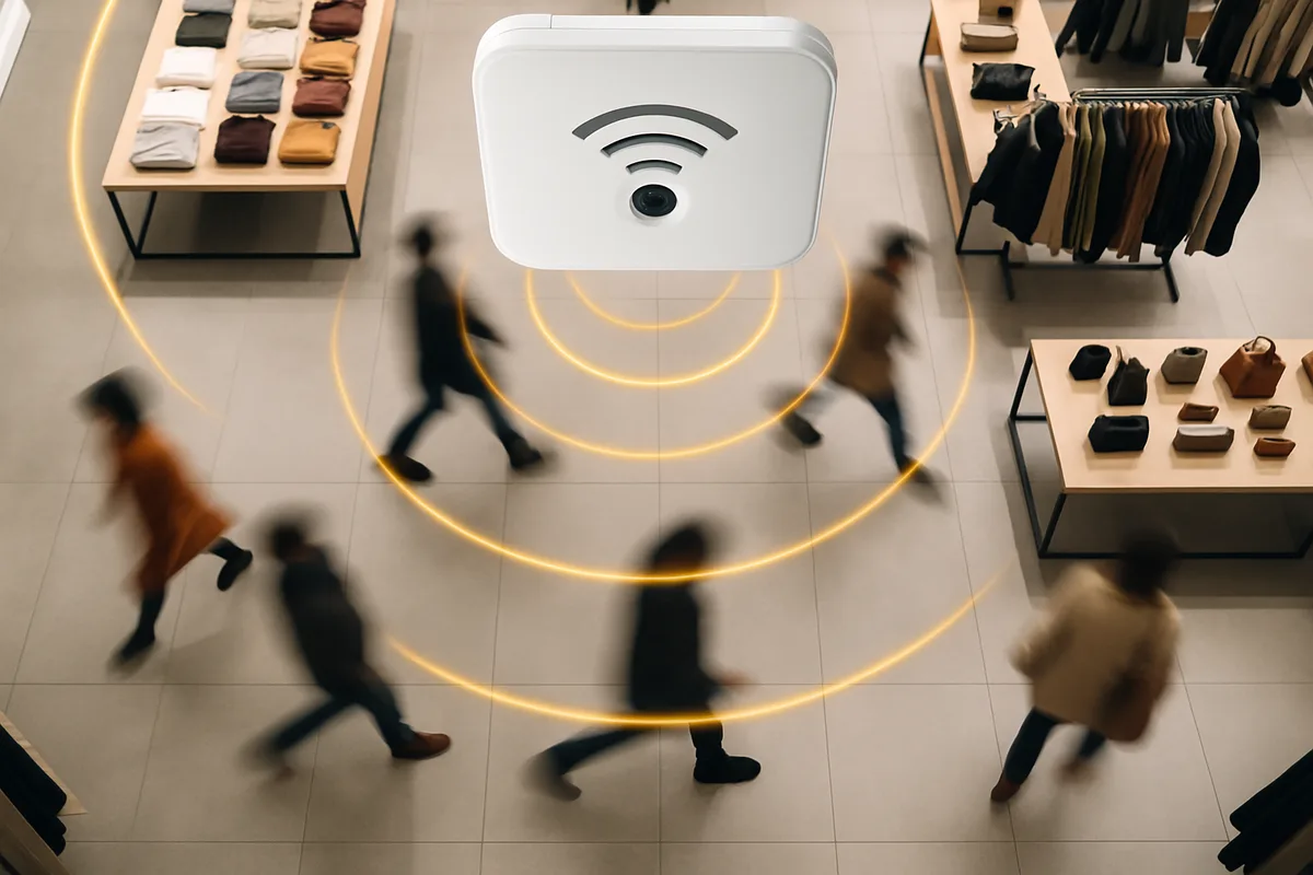 Overhead view of retail store with wireless sensor device monitoring customer foot traffic patterns, showing motion detection zones overlaid on shopping floor