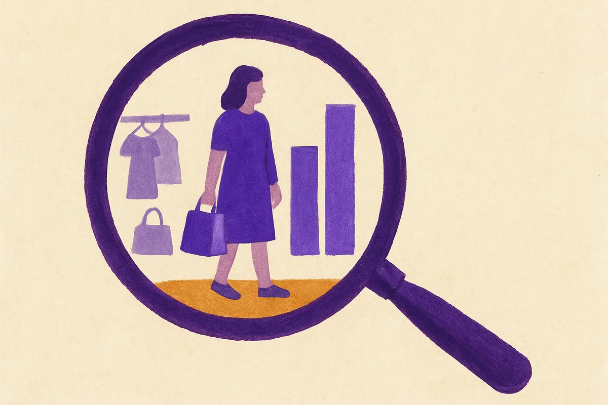 Illustrated magnifying glass revealing a shopper with retail clothing rack and rising bar chart, symbolizing department store analytics