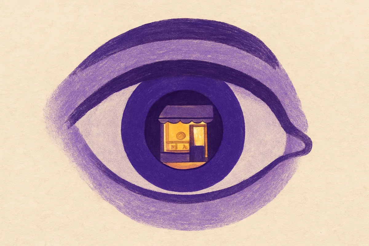 An illustrated eye with a retail store reflected in its pupil, symbolizing audience observation and measurement in a store environment