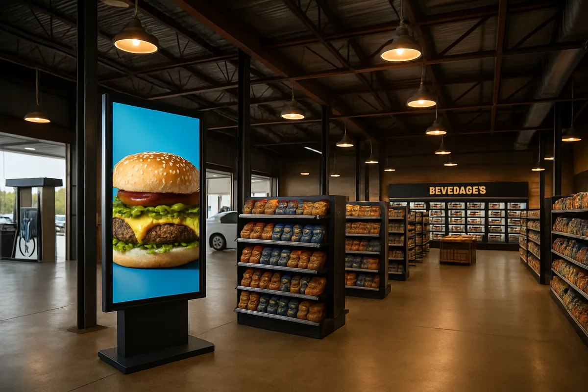 Digital signage display showing hamburger advertisement inside modern convenience store with fuel station visible through windows