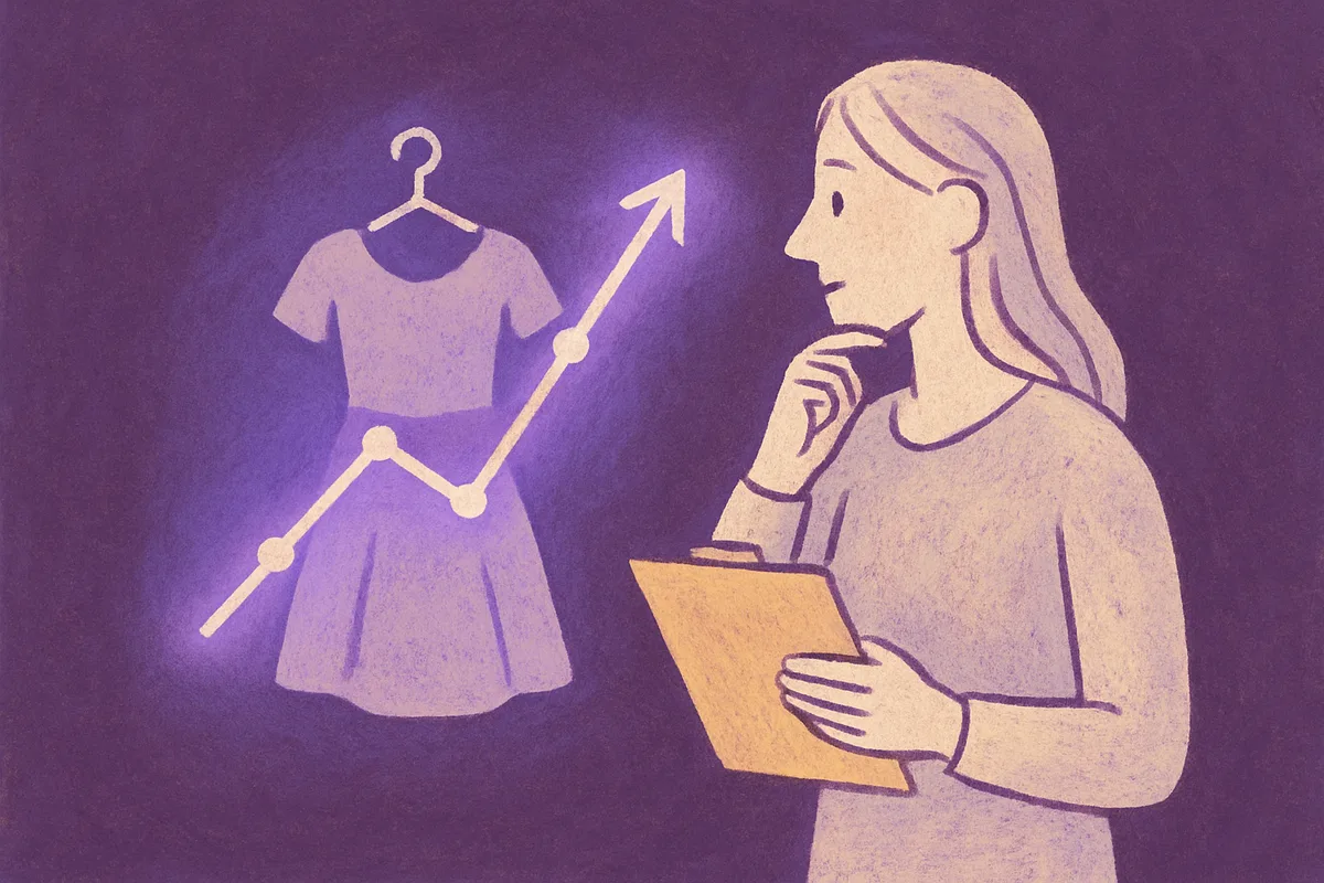 An illustrated retail analyst holding a clipboard contemplates a glowing dress on a hanger overlaid with an upward-trending performance chart, symbolizing fashion retail analytics for seasonal collections