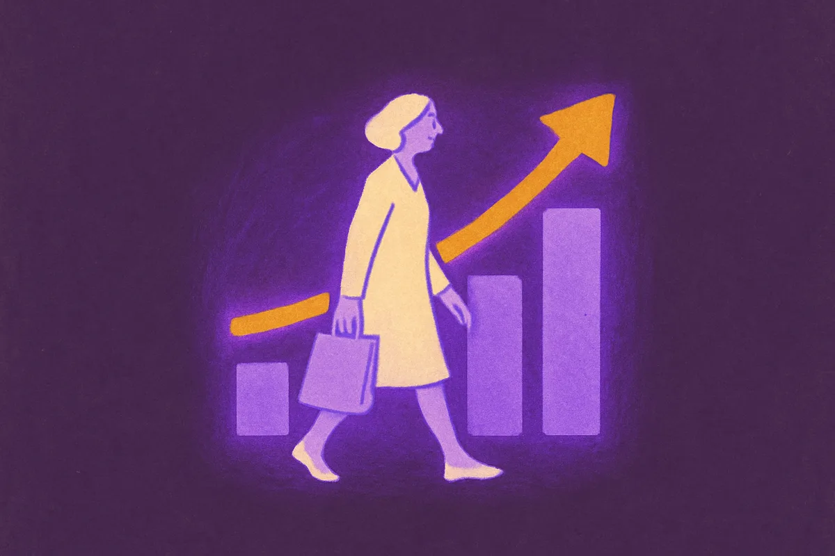 Illustrated shopper walking in front of a rising bar chart with an upward arrow, symbolising sales uplift driven by in-store analytics