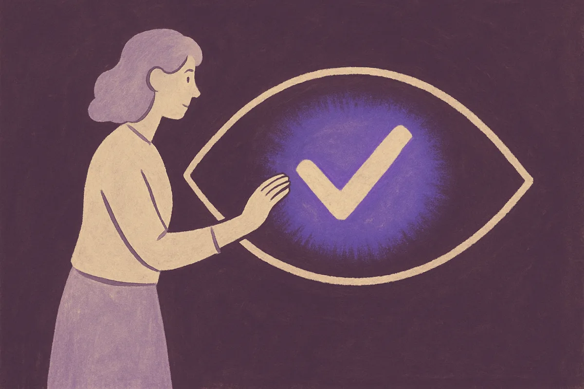 Illustrated figure interacting with a large glowing eye icon containing a checkmark, symbolizing verified view measurement in retail media