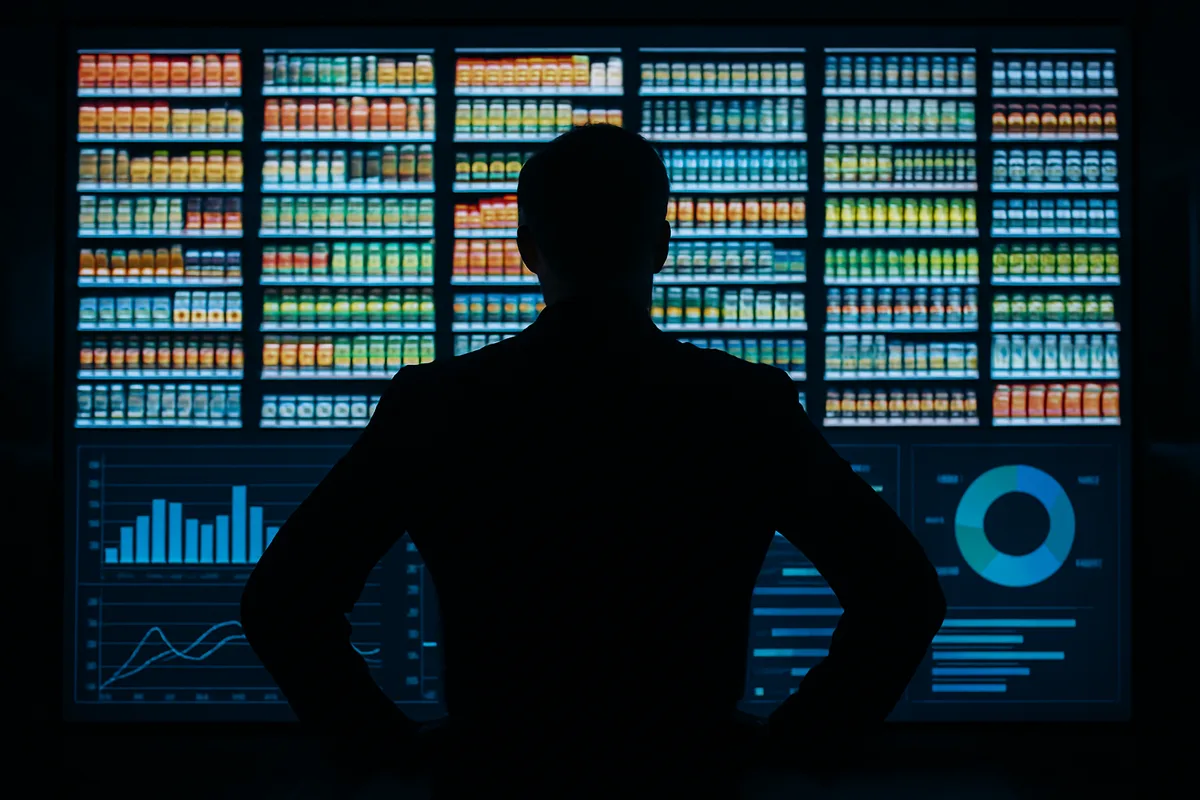 Silhouette of an operations director standing before a large display wall showing real-time retail shelf imagery alongside compliance analytics dashboards with charts and graphs