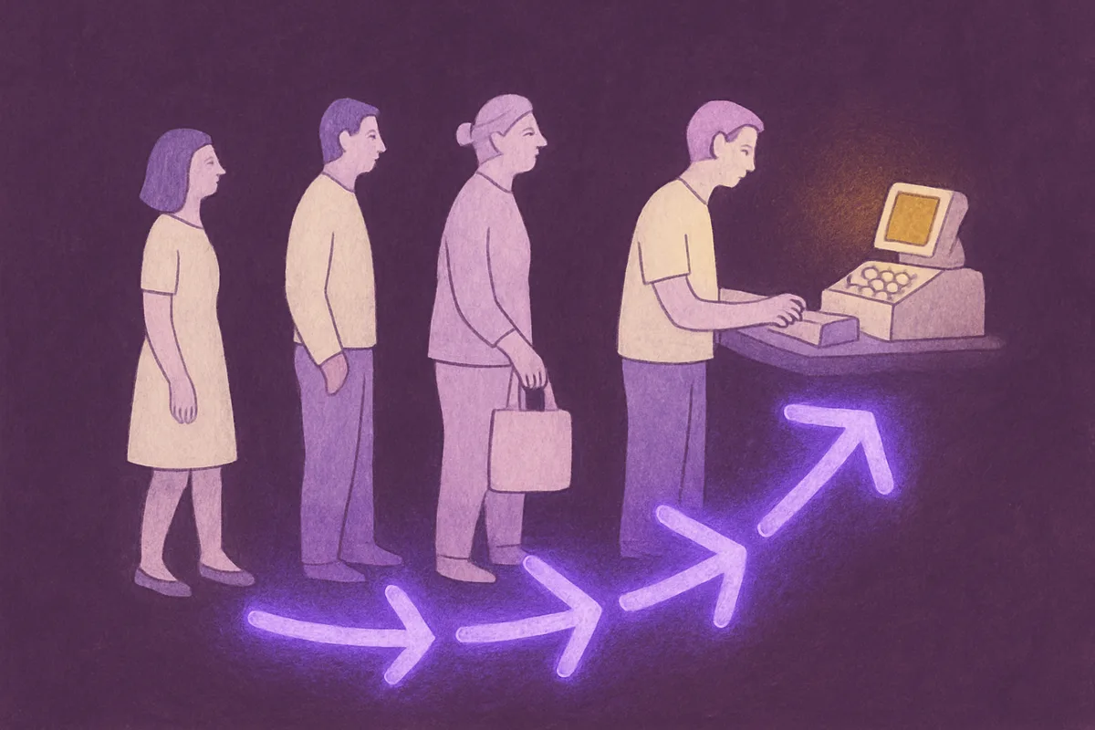 Stylized illustration of shoppers queuing at a retail checkout counter with glowing directional arrows indicating customer flow analytics