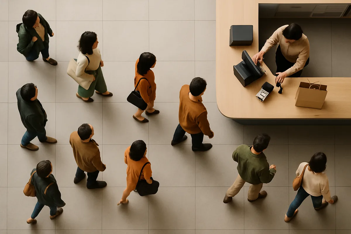 Aerial view of customers queuing at a modern retail checkout counter with point-of-sale technology and organized customer flow patterns