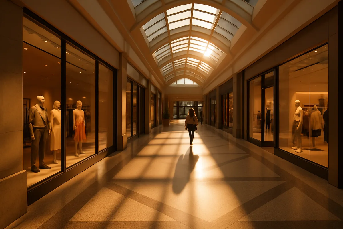 Modern retail corridor with illuminated storefronts displaying mannequins and merchandise, featuring elegant architecture with natural lighting from glass ceiling