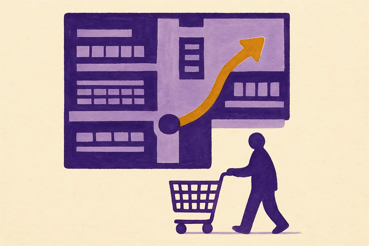 Illustrated floor plan of a retail store with product shelving sections and a rising growth arrow, alongside a shopper pushing a cart
