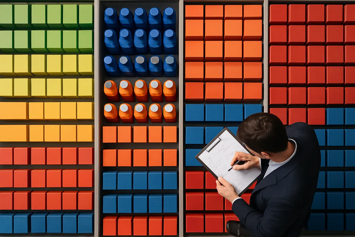 Professional business analyst conducting inventory audit in organized retail storage area with colorful product shelving
