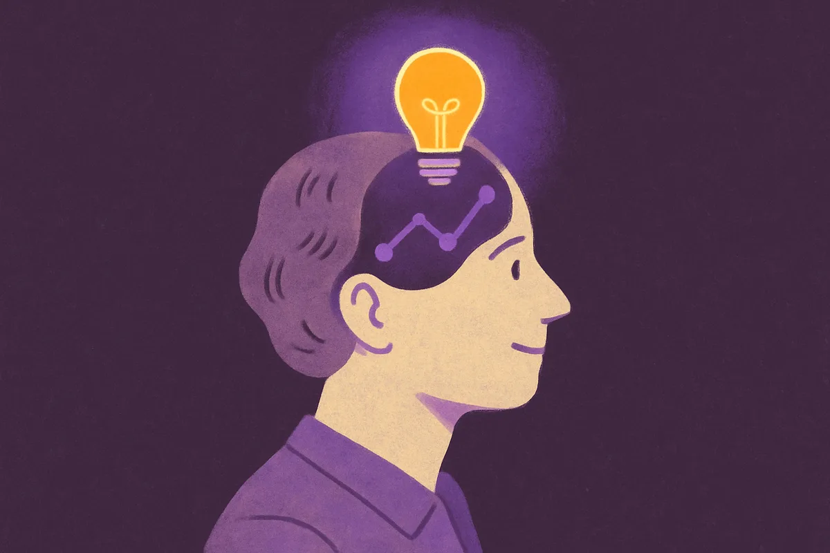 Illustrated profile of a person with a glowing lightbulb and upward-trending data chart visible inside their head, symbolizing data-driven store intelligence insights
